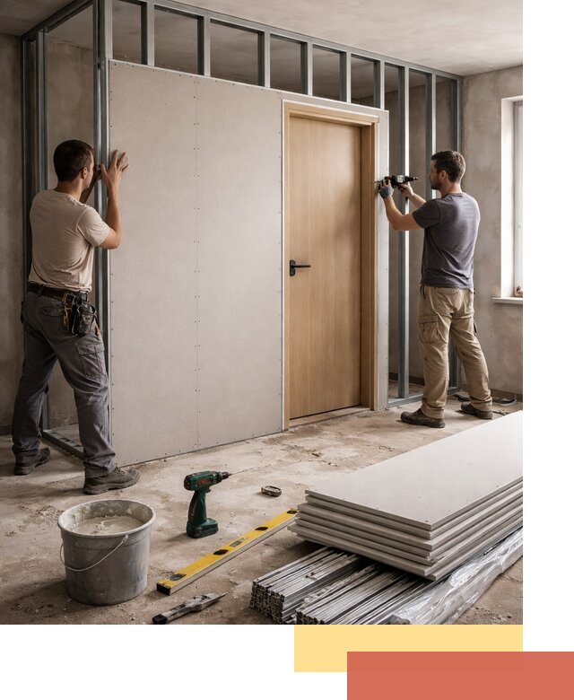 Перегородка из гипсокартона с дверью под ключ в Новочеркасске