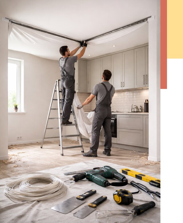 Установка натяжного потолка на кухне в Новочеркасске от 2456 руб. | ОТДЕЛОЧНИК-Нвч